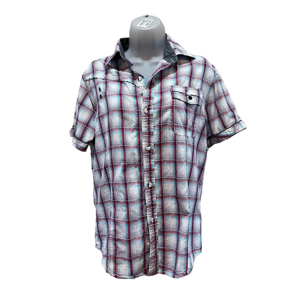 Facha Men’s Blue Red pinstriped Plaid Bottom Up Western Shirt M